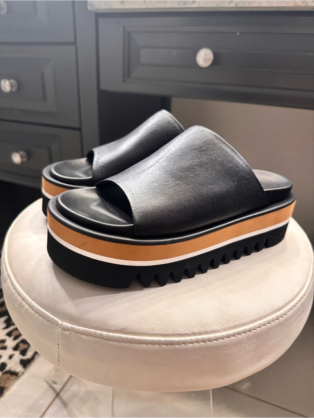 Paloma Barcelo Black Platform Slide Sandals with Tan and White Midsole Bands